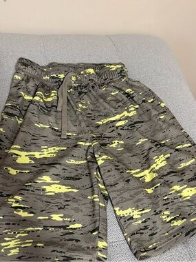 Athletic Works Shorts: Olive Camo with Neon Yellow Highlights and Blue (2 pairs)